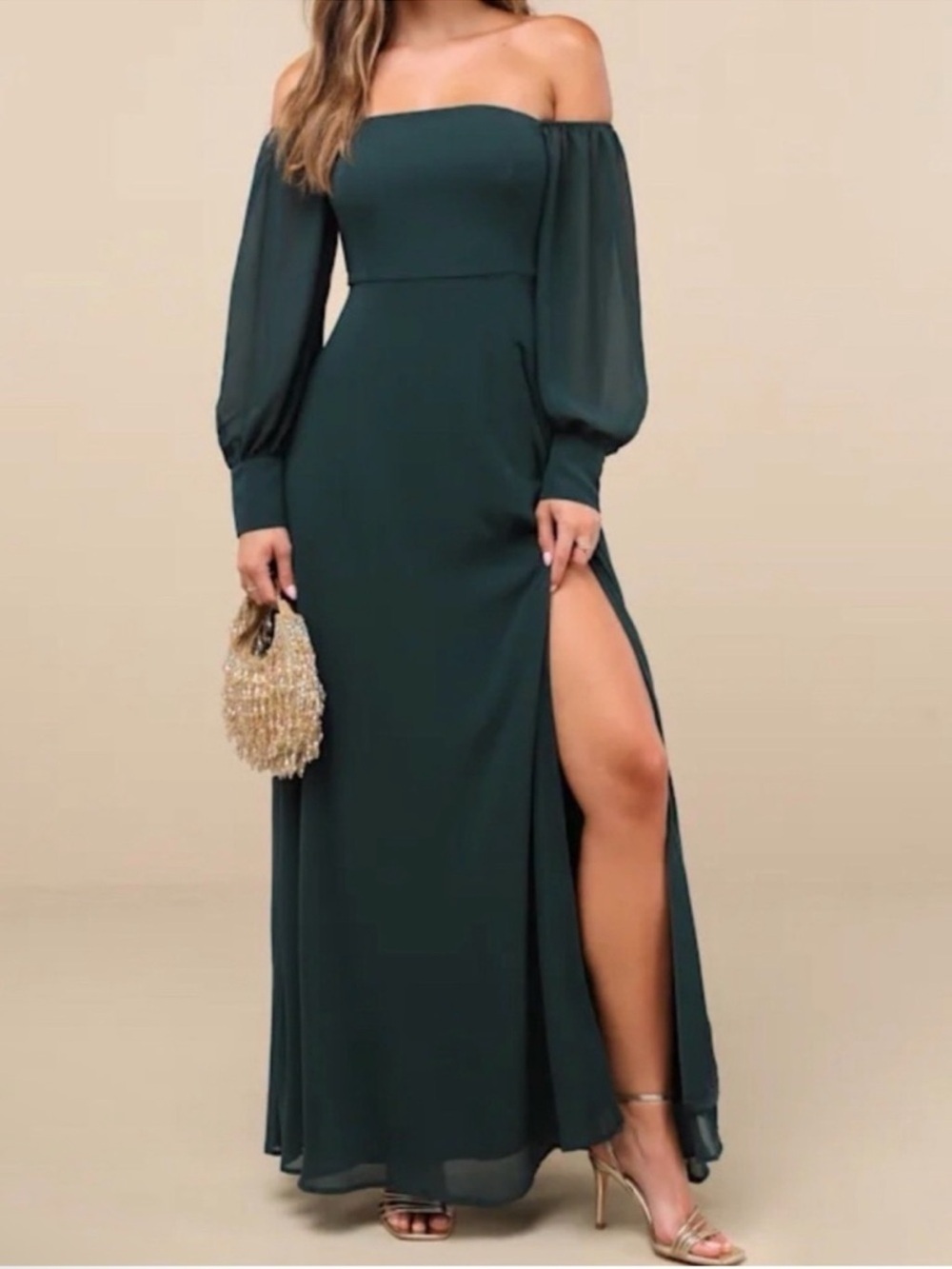 Lulus Green Off-the-Shoulder Balloon Sleeve Maxi Dress Formal Wedding Guest XS